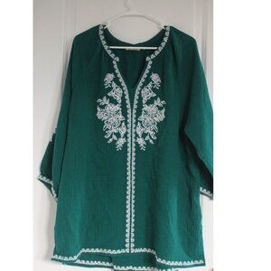 Soft Surroundings Embroidered 3/4th Sleeve Boho Green Muslin Cotton NWOT 1X